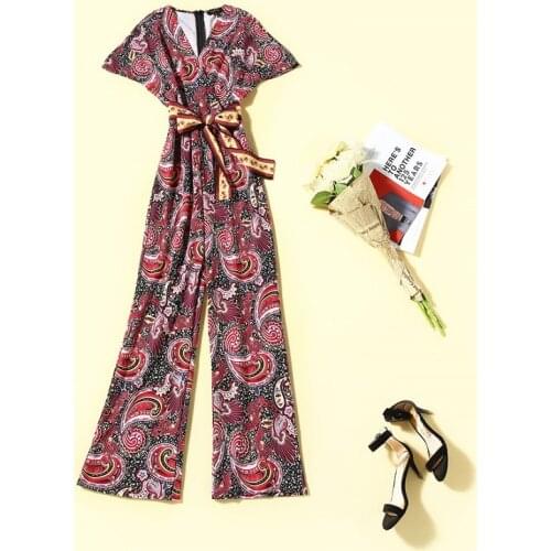 Womens Jumpsuits 2021 Summer Fashion Style Ladies V-Neck Vintage Print Belt Deco Short Sleeve Casual Full Length Jumpsuit