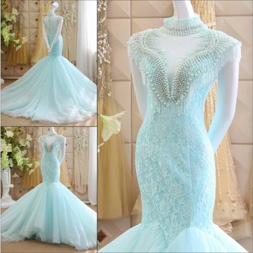 Robe de soiree high neck sky blue lace mermaid prom gown 2018 see through back custom pearls evening mother of the bride dresses