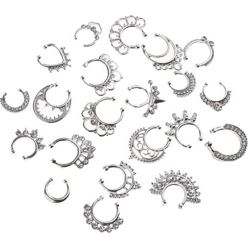 21pcs Fake Septum Clicker Crystal Nose Ring Assorted Design Hanger Clip On