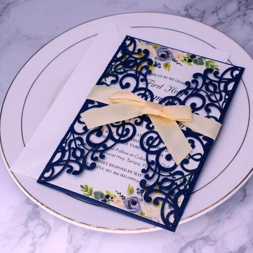 50pc Greeting Cards Navy Blue Personalized Print Laser Cut Wedding Invitations with Champagne Ribbon and Envelope