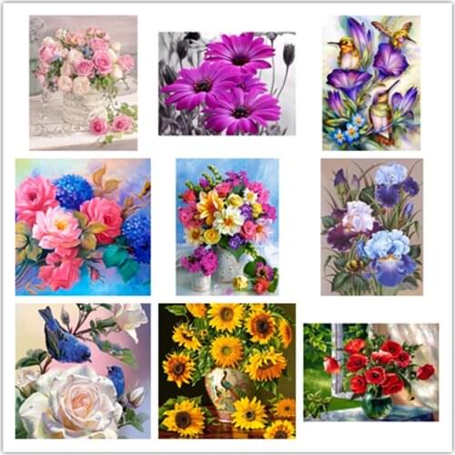 5D DIY Diamond Painting Flower Vase Cross Stitch Kit Round Embroidery Rose Mosaic Art Picture Rhinestone Decoration Gift