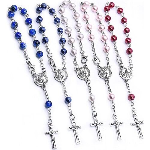 6mm Imitation Pearl Beads Chain Rosary Bracelets for Women Our Lady of Guadalupe Virgin Mary Cross Bracelet Prayer Jewelry