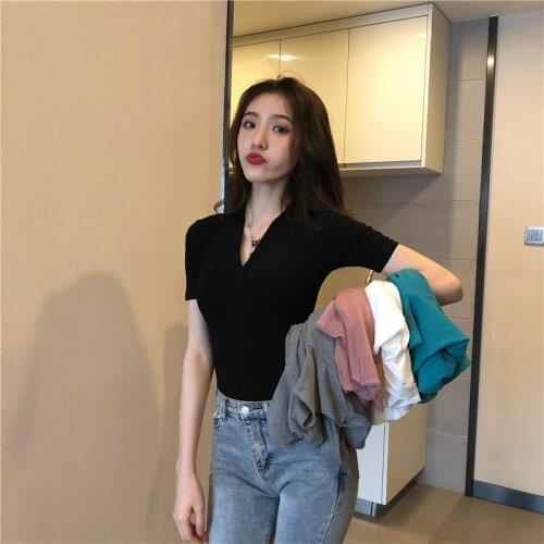 Girls Sheath Deep V-neck Slim Short Sleeve T shirts Tops Ladies Tees Tshirt For Women GR0316