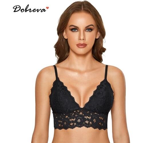 DOBREVA Womens Lace Bralette Wireless Plunge Longline Bra With Removable Pads