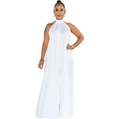 Elegant White Jumpsuit For Women Summer Clothes Sexy Backless Halter Rompers Pure Color Loose Overalls Casual Jumpsuits 2021