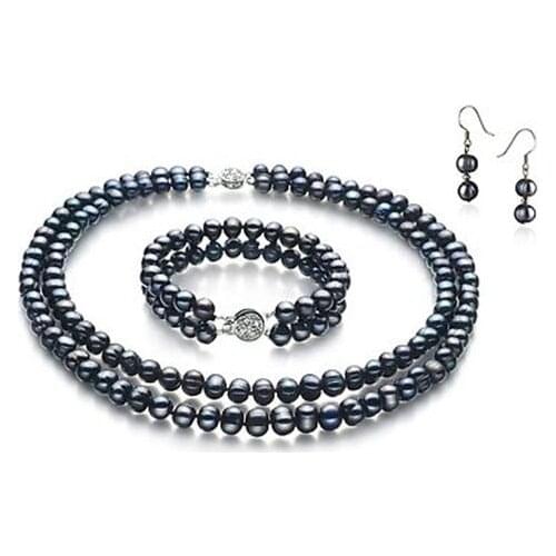 100% Natural Black Color Freshwater Pearl Necklace Bracelet Earrings Jewellery Set,Perfect Women Birthday Party Gift