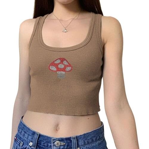 Summer Crop Top Women Tank Top Rhinestones Mushroom Pattern Vest Top Slim Fit Basic Tops Exposed Navel Casual Tube Top