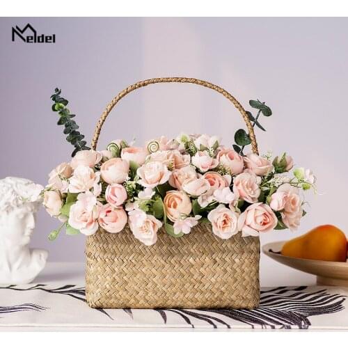 Meldel Silk Rose Artificial Flower Bridesmaid Wedding Rose Bunch Champagne DIY Flower Bouquet Home Party Prom Wedding Wall Decor