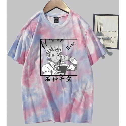 Fashion Dr Stone Anime Tie-dye T-shirt Ishigami Senkuu Manga Print Shirt Harajuku Short Sleeve Summer Causal Tee Tops