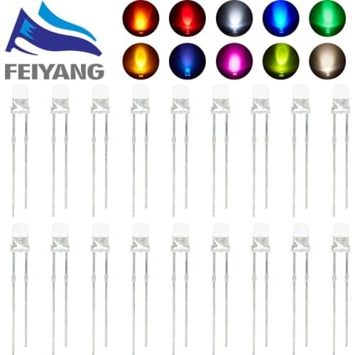 100pcs 3mm LED Light Emitting Diode Kit Warm white Red Blue Green UV Orange Yellow Pink Color Bulb Lamp Set 3V PCB Assortment