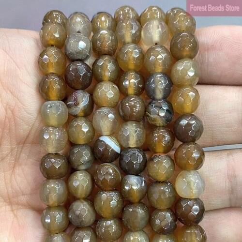 Natural Smooth Faceted Brown Coffee Agates Football Shape Round Beads for Jewelry Making Diy Bracelets 15'' Inch 4/6/8/10/12mm