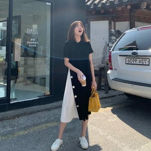 Womens Oversize Shirt Dress Midi Short Sleeve Panelled Casual Loose Black Green Asymmetrical Aesthetic Summer Clothes Korean