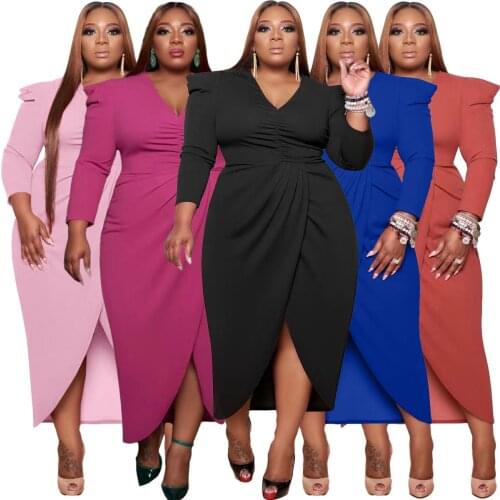 Autumn Spring Large Plus Size Dress Women V-neck Irregular Long Sleeve Split Black Elegant Fashion Woman Dresses 3XL 4XL 2021