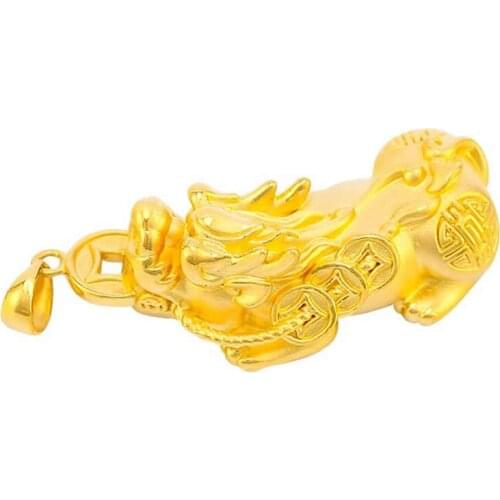 24K Yellow Gold Pendant Pure 3D Yellow Gold Dragon Son Coin Pixiu Necklace Pendant P6206
