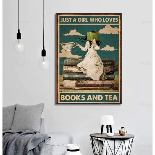Just A Girl Who Loves Books And Tea , Love Reading Books Poster, Tea Lover Poster, Lover, Book Print Wall Art Canvas Painting
