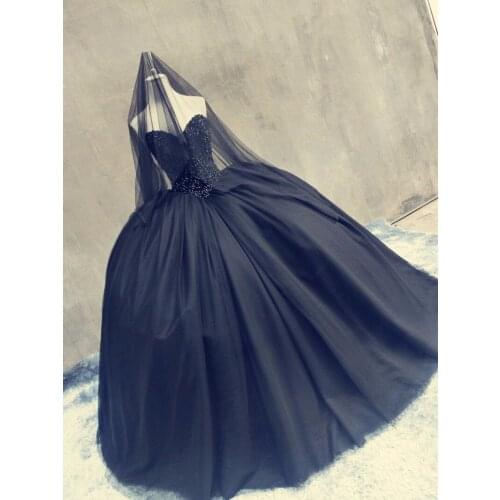 Real Photo Luxury Black Ball gown pure handmade Crystal Beaded Sweep Train Long Prom Evening dress 2019