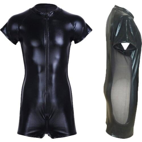 Sexy Men Jumpsuits Faux Leather Mesh Erotic Bodysuit Zipper Short Sleeve Male Wrestling Lingerie Singlets One Piece Catsuits 3XL