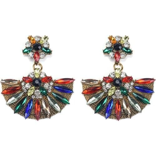 Geometric Half Round Fan Shape Drop Earrings Women Luxury Crystal Rhinestone Large Dangle Earrings Statement ZA Earring Jewelry