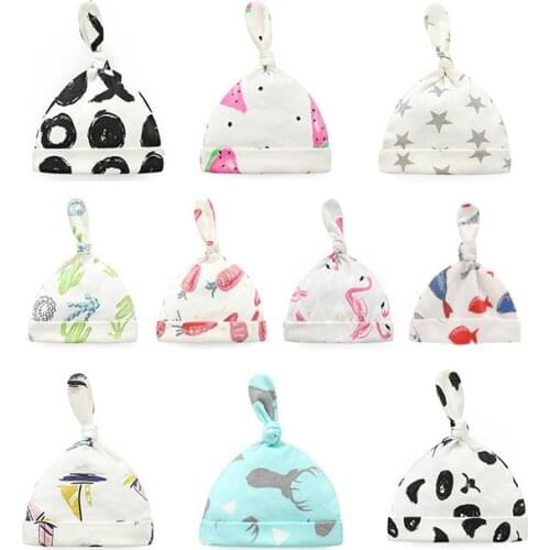Cute Knot Baby Hat Newborn Cotton Printed Beanies Hats Spring Autumn Infant Knitted Adjustable Cap Cute Tail Fetal Warmer Caps