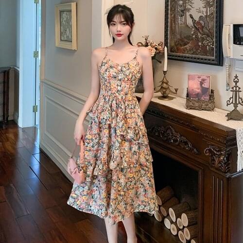 Floral Chiffon Women Slip Dress Summer 2020 Runway Cute Vintage Party Dress Long Boho Korean Tropical Beach Vacation Sundress