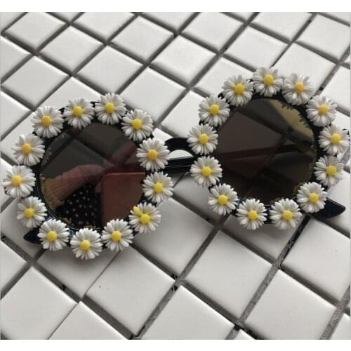 Handmade Sunglasses White Little Daisy Women Sun Glasses Mirror Lens UV400 Small Round Summer Eyewear Lovely Gafas de sol
