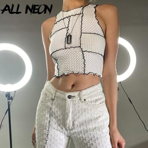 ALLNeon Y2K Streetwear White 2 Piece Co-ord Suits Vintage Ruffles Patchwork Tank Tops and High Waist Ripped Jeans Suits Fashion