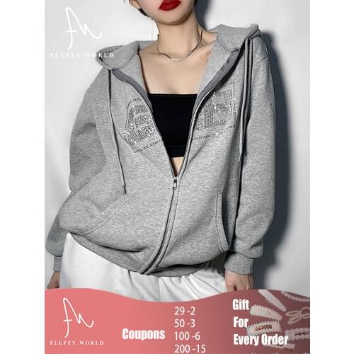 Women Sweatshirt Hoodie Y2K Zipper Long Sleeve Rhinestone Letter Print Loose Oversized Hoodies Casual Large Coats Plus Velvet