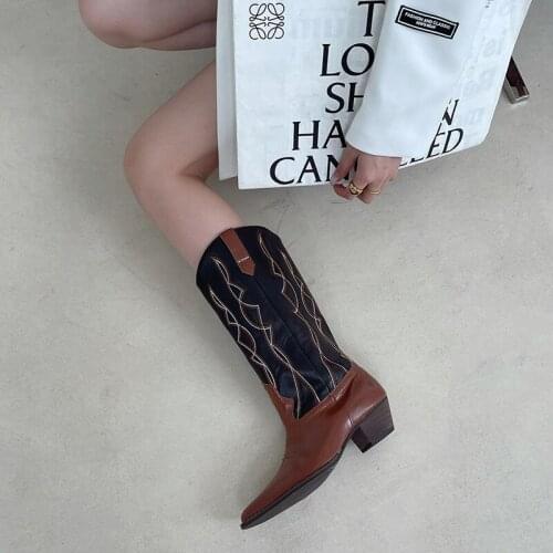 2021 Women Mid Calf Western Boots Cowboy Pointed Toe Knee High Pull On Boots Ladies Fashion Leather Motorcycle Boots Botas Mujer