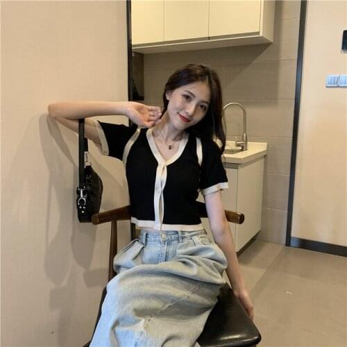 Womens Top 2021 Summer French Retro Little Fragrant Short Sleeve Knit Small Cardigan Short Top Short Sleeve T-shirt