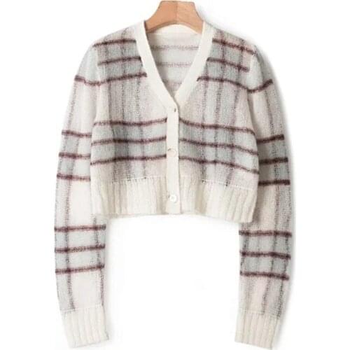 Knit Short Cardigan Women Plaid Mohair Thin V-neck Single Breasted Long Sleeve Autumn 2021 Ladies Sweater