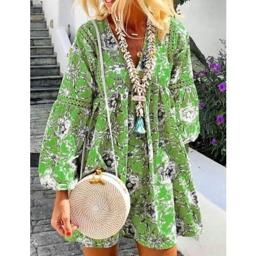 Bohemian Floral Print Long Sleeve Lantern Mini Dresses Sexy V Neck Casual Elegant Boho Holiday Beach Dress Summer Women green