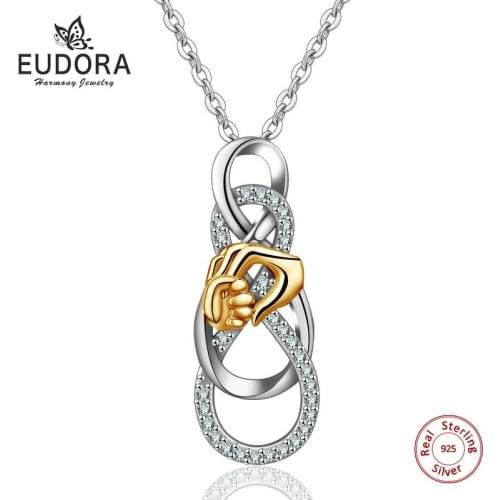 Eudora 925 Sterling Silver hand to hand Pendant crystal Necklaces with CZ Women fine Jewelry For Family Party party Gift CYD164