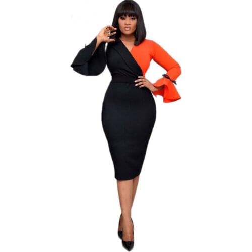 Women Dress V Neck Patchwork Long Flare Sleeve Elegant Modest Office Lady Work Wear Classy Vestidos Slim Bodycon Femme Plus Size