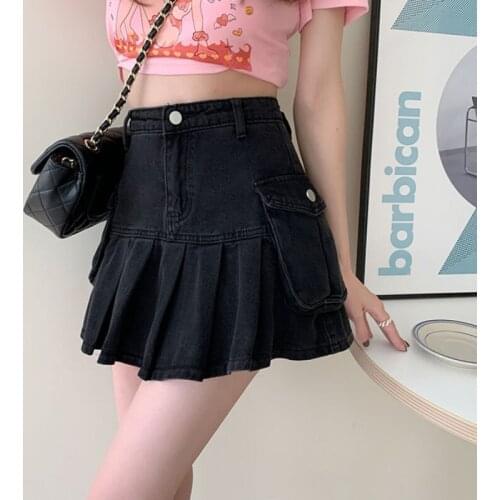 Zoki Black Sexy Club Women Denim Skirt High Waist Vintage Pleated Jeans Mini Skirt Streetwear Summer Pocket Girls Y2k Skirt 2021