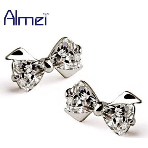 Almei 15%Off Fashion Bowknot Earring Studs for Girls Women Jewelry Cubic Zircon Earrings with White Stone 925 Silver JS2152