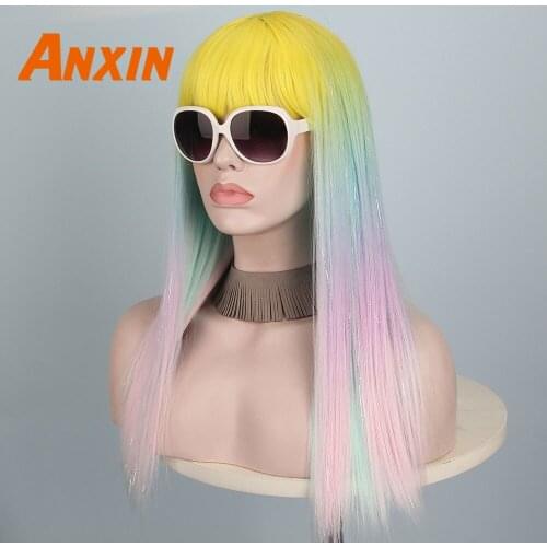Anxin Long Straight Wig Rainbow color With Bangs For Women Girls Anime Cosplay Synthetic Wig