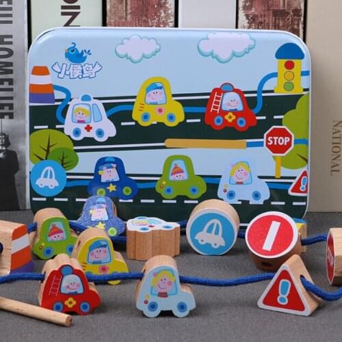 3D Wooden Toys Baby DIY Toy Cartoon Fruit Animal Stringing Threading Wooden Beads Toy Monterssori Educational For Children