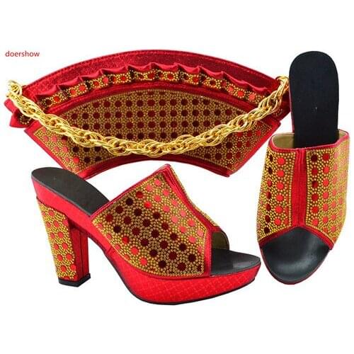 Doershow New Arrival Ladies Italian Shoes and Bag Set Decorated with Rhinestone Italian Shoes with Matching Bag for Wome PFG1-36