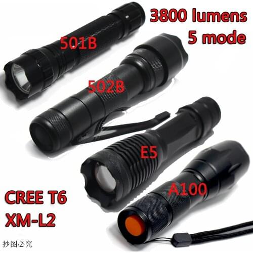 5 mode 501B 502B A100 E5 High brightness XM-L215W 3800 lumens T6 Flashlight Professional camping Waterproof Flashlight