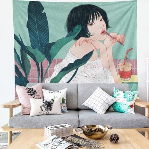 Freehand Sketching Style Girl Carpet Tapestry Blanket Rug Home Living Room Decorative Tapestries Photograph Props