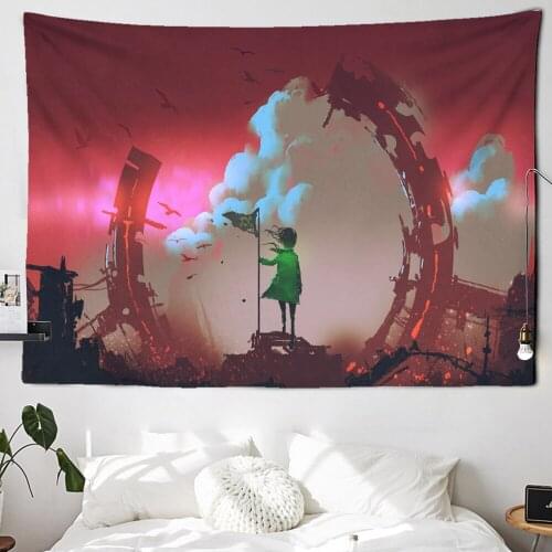 Cartoon Illustration Tapestry Mountain Galaxy Starry Sky Hanging Wall Tapestries Psychedelic Green Lvory Red Wall Hanging