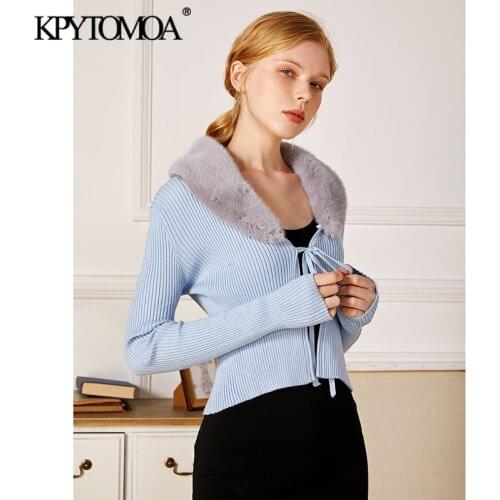KPYTOMOA Women 2021 Fashion Patchwork Faux Fur Knitted Cardigan Sweater Vintage With Tied Long Sleeve Female Outerwear Chic Tops