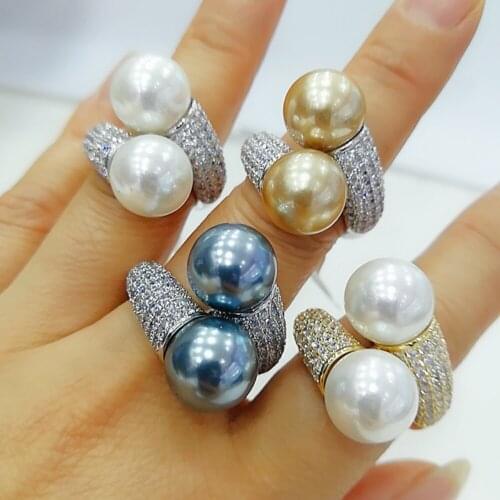 Blachette Trendy Round Pearl Statement Rings for Women Cubic Zircon Finger Rings Beads Charm Bohemian Beach Jewelry Accessories