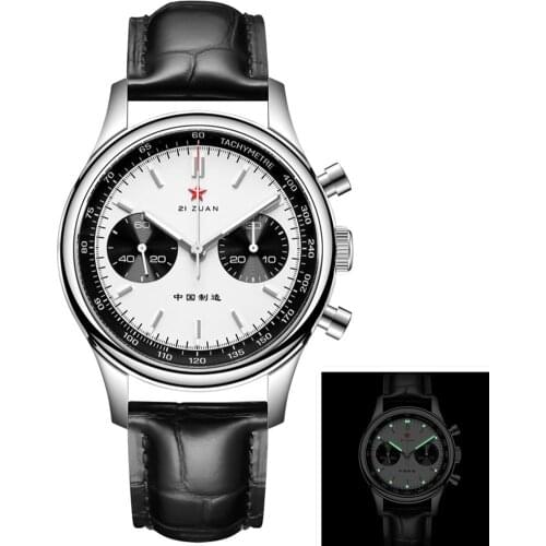 SEAKOSS Men Seagull 1963 Watches 40mm Panda Luminous Dial Mechanical Hand Winding Chronograph 21 Zuan Leather Strap Clock Pilots