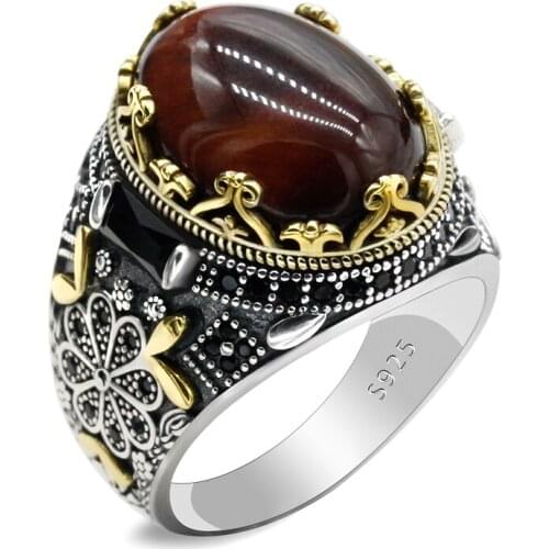 Sterling Silver Tigers Eye Rings for Men 925 Real Natural Oval Brown Stone Vintage Glod Turkish Jewelry Women Noble Elder Gift