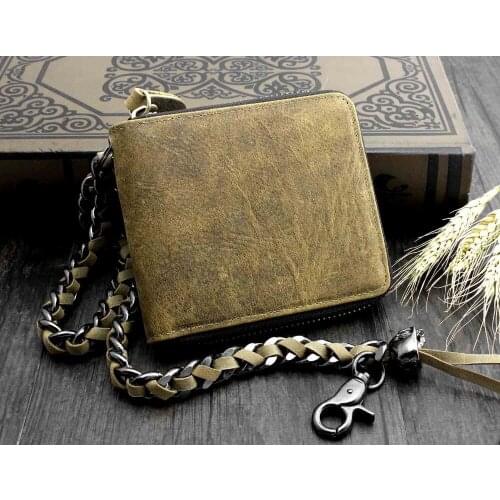 Mens Vintage Biker Leather Zipper Coin Money Credit Card Wallet w/ Metal Chain