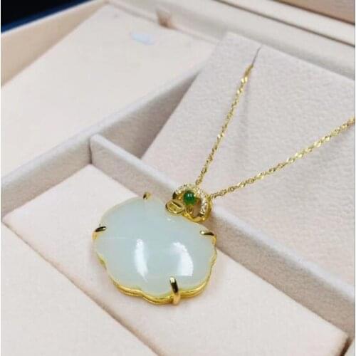 Natural Hetian White Jade 925 Silver Polygon Gold Chain Pendants Fine Jewelry Women Party Necklace