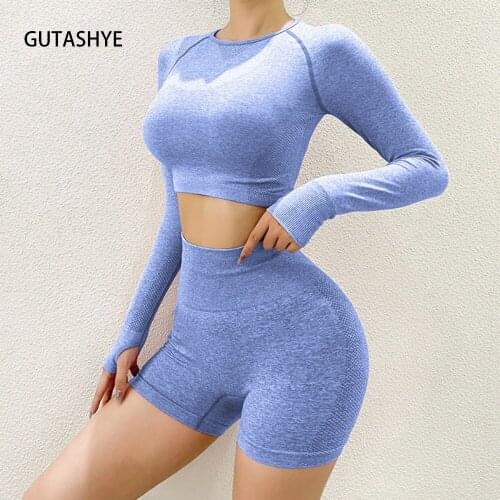 2021 New Women Sport Suit Yoga Clothing Set Workout Gym Long Sleeve Fitness Crop Top + High Waist Seamless Energy Workout Shorts