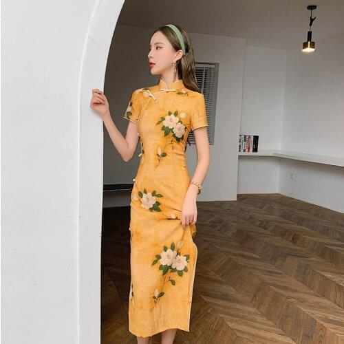 Cheongsam Dress Summer Elegant Floral Yellow Women Qipao Dress Slim Fit Oriental Wedding Cheongsam Split Lady Long Cosplay Robe
