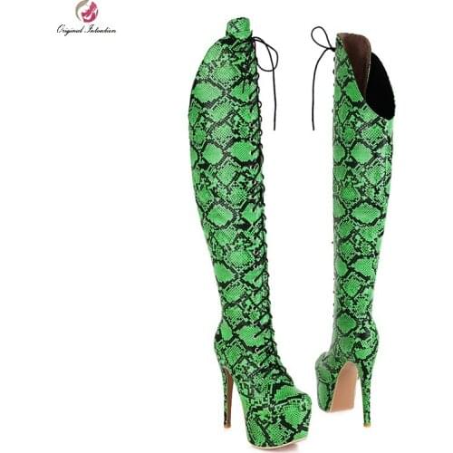 Plus Size Women Over The Knee Boots Snake Grain High Boots Fashion Round Toe Side Zipper Thin High Heels Boots Shoes 2021 Winter
